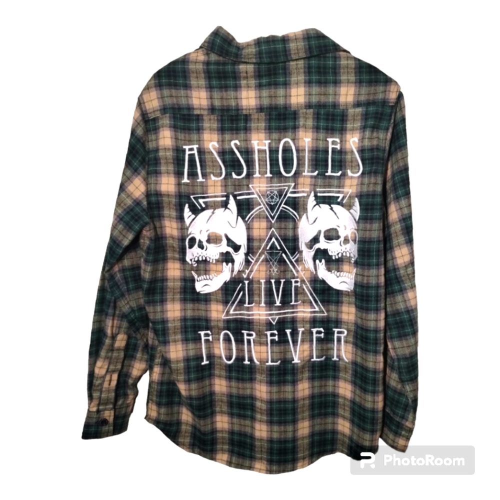 NWT A&& Holes Live Forever Plaid Graphic Men's Shirt